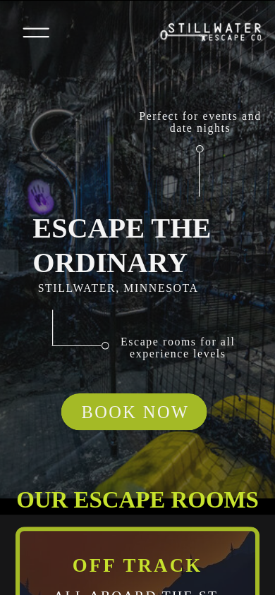The rebuilt Stillwater Escape Co website on mobile
